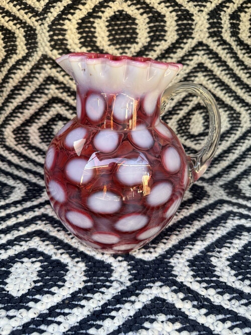 Vintage Fenton Pink Cranberry Opalescent Coin Dot Ribbon Top Art Glass Pitcher